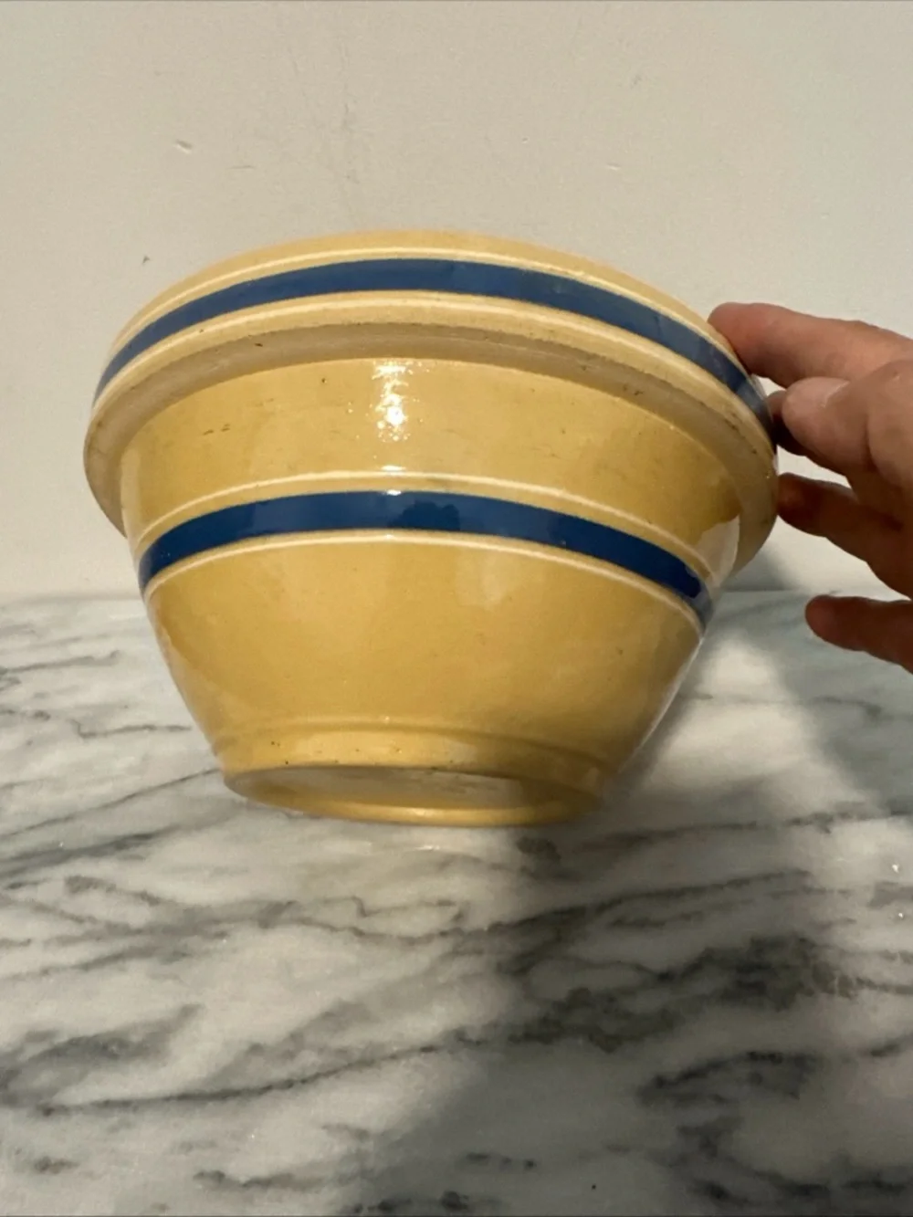 Antique Yellow ware Ceramic mixing Bowl  Blue & white Stripes with lid Rare